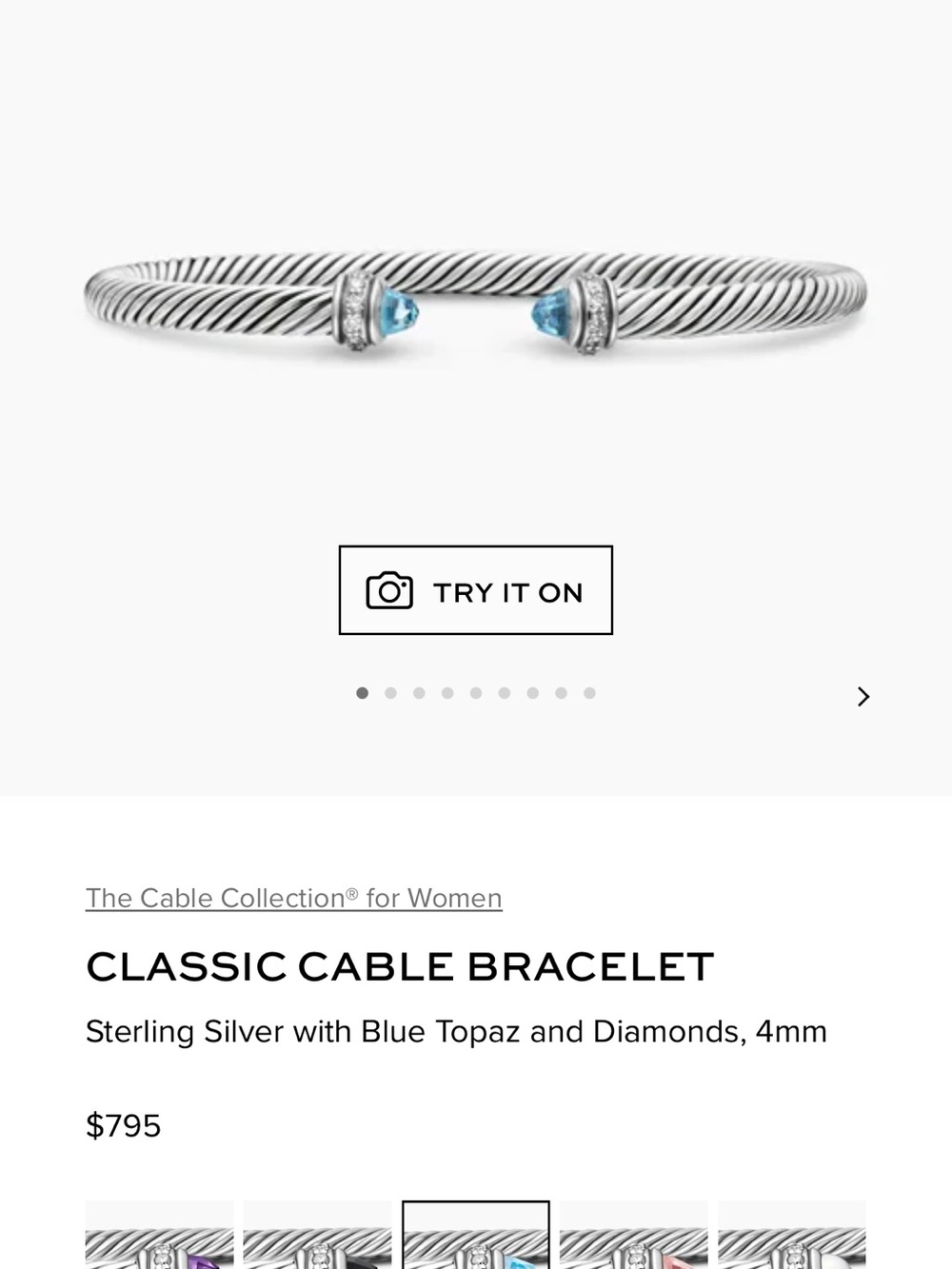 David Yurman Sterling Silver Cable Bracelet with Blue Topaz